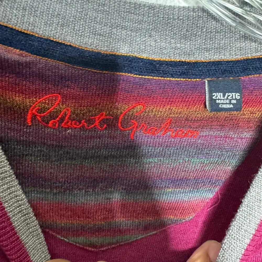 Robert Graham 100% Wool V-Neck‎ Sweater 2XL Purple Gray Trim Long Sleeve Knit